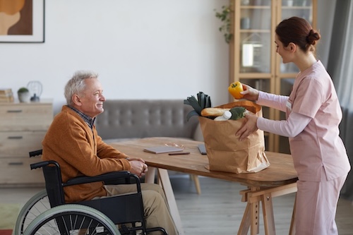 Carer helping man in a wheelchair with groceries